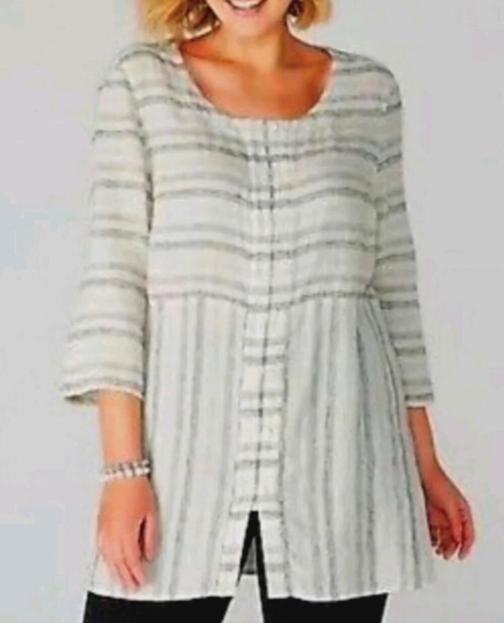 Pure Jill by J. Jill Linen Blend Tunic Top Ivory Gray 3/4 Sleeve Womens Medium